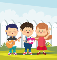 Obraz na płótnie Canvas Cartoon happy couple and boy singing and playing guitar over white fence background