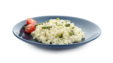 Delicious risotto with asparagus isolated on white