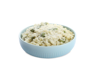Delicious risotto with asparagus isolated on white