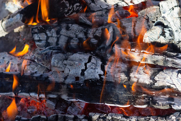 Glowing Hot Charcoal In BBQ Grill Pit With Flames Background Texture, Close-up