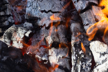 Glowing Hot Charcoal In BBQ Grill Pit With Flames Background Texture, Close-up