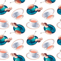 Bekers naadloos patroon, blauwe en witte kopjes, aquarel naadloos patroon, theetijd, een kopje koffie met koekjes