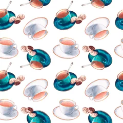 Foto auf gebürstetem Alu-Dibond Tee Tassen nahtlose Muster, blaue und weiße Tassen, Aquarell nahtlose Muster, Teezeit, eine Tasse Kaffee mit Keksen