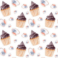 White cups and chocolate cupcakes seamless pattern, white cup and dessert, watercolor seamless pattern, tea time, cup of coffee