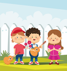 cartoon happy girl and boy with flowers and other boy playing guitar, colorful design