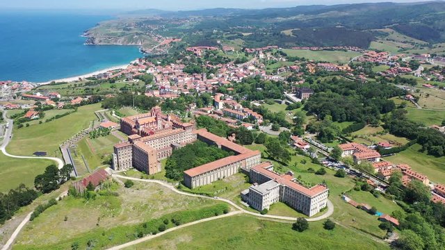 Aerial view of Cantabria  University Center CIESE in Comillas, landscape and buildings 