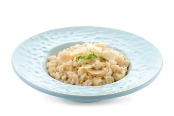 Delicious risotto with cheese isolated on white