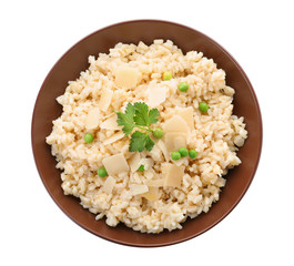 Delicious risotto with cheese isolated on white, top view