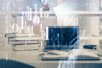 Technology theme drawing and work space with computer. Multi exposure. Concept of innovation.