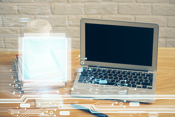Technology theme drawing and table with computer. Double exposure. Concept of information.