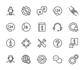 Vector set of support service line icons. Contains icons of information, help, voice assistant, translator, setting, phone assistant, online chat and more. Pixel perfect, scalable 24, 48, 96 pixels.