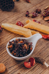 A long, spoon-like, white cutlery contained a fillet of shredded beef with peanuts in it, and the chilies looked delicious.