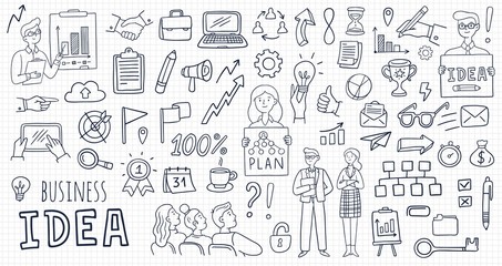Fototapeta na wymiar Big set with business elements and people in doodle style. Cute Vector Illustration can be used in education, bank, It, SaaS, finance, marketing and other areas.