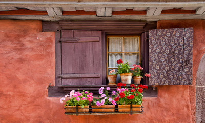 Fototapeta na wymiar Window with Shutters and Flowerboxes in Eguisheim, Alsace, France