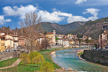 Santa Sofia, Forli Cesena, Emilia Romagna, Italy: the ancient town with the picturesque river and the Apennine mountains on background