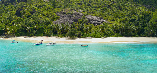 Fototapeta na wymiar Aerial view on tropical island of Seychelles, waterfront.