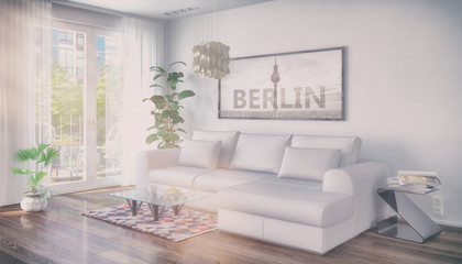 3d Illustation - Helles Wohnzimmer eines Lofts mit einer großen, hellen Couch - Vintage Look