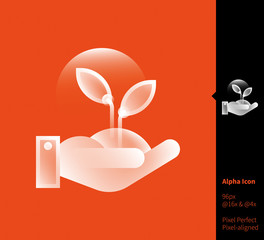 Hand and green leaves alpha icon - vector illustrations for branding, web design, presentation, logo, banners. Clean white transparent gradient icon with flat shapes. pixel-aligned on 96x96 pixel.
