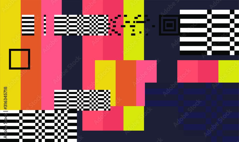 Aufkleber Mosaic of random colorful pixels like in 8-bit video game with glitch art effect. Vaporwave and retrowave style abstract geometric background.