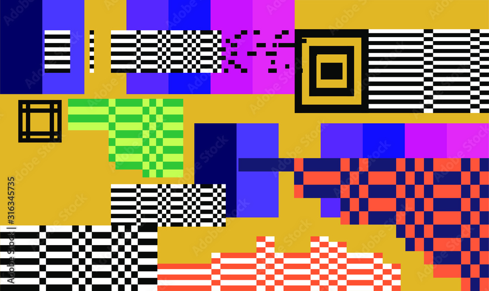 Poster Mosaic of random colorful pixels like in 8-bit video game with glitch art effect. Vaporwave and retrowave style abstract geometric background.