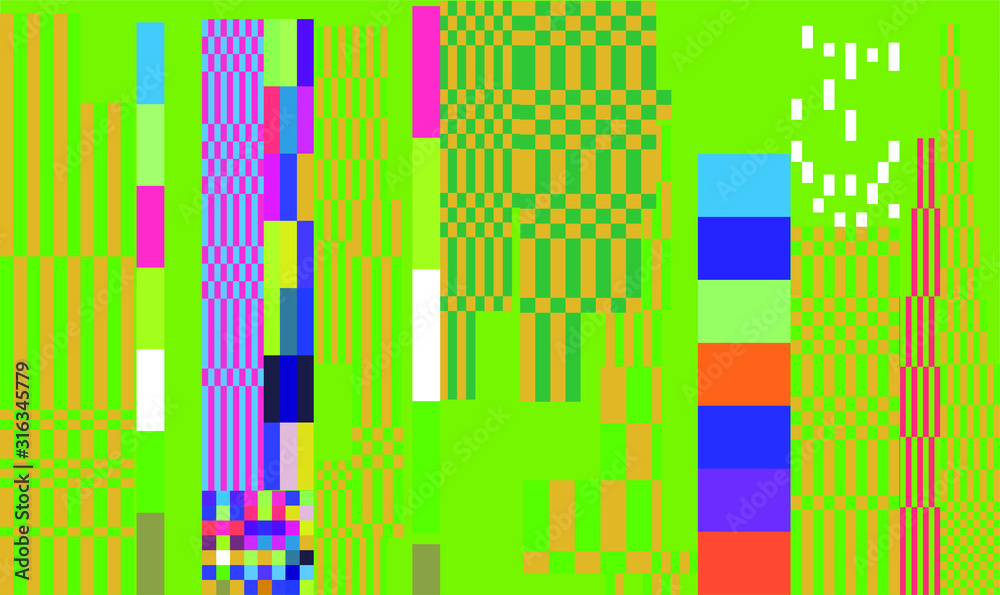 Poster Mosaic of random colorful pixels like in 8-bit video game with glitch art effect. Vaporwave and retrowave style abstract geometric background.