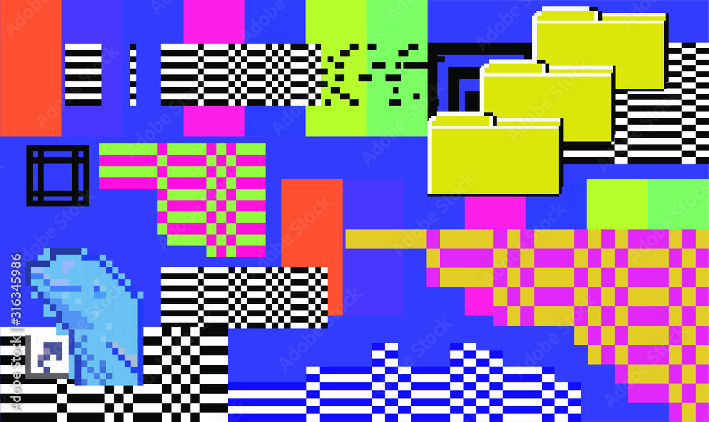Aufkleber Abstract webpunk and vaporwave style background with pixeleted glitched screen and file icons. Conceptual illustration of computer viruses, ransomware, malware or adware.