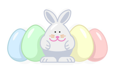 Happy Easter Bunny and decorated eggs. Vector illustration in flat style. Cute rabbit cartoon character.