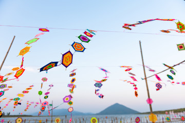 many color of paper art mixed decorated on Loykratong festival in Thailand
