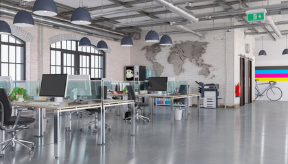 3d Illustration - Büro - Großraumbüro - Bürogebäude - Fabrikhalle - Bürofläche - Gewerbefläche - Immobilie - obrazy, fototapety, plakaty