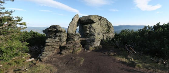 rock window under peak of Červená hora in Czech Republic