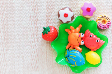 Table top view close up shoot of kid toys collection background