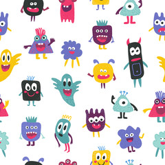 Cute seamless pattern with funny creatures - colorful monsters on white. Collection of creepy spooky kids style characters, ghosts. Hand drawn cartoon aliens different forms. Textile or paper design.