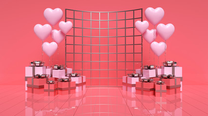 Pink Heart Balloons And Gift Boxes On Square Abstract Background With Empty Banner Space For Vallentine's Day, Birthday, Party Or Events - 3D Illustration