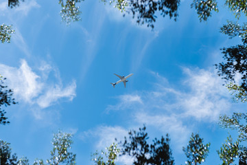 An air plane flying on cloudy blue sky background
