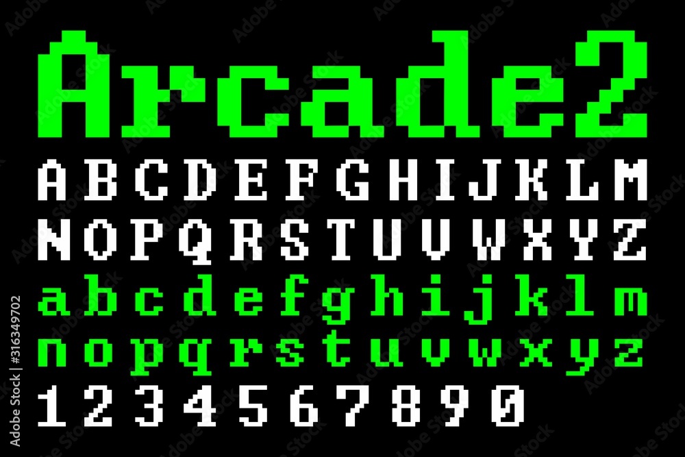 Fototapete old school pixel arcade font (vector typeface). flat geometric digital computer game style typograph