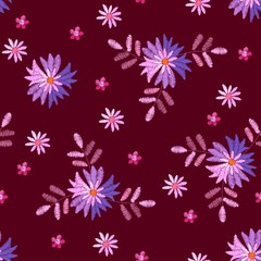Embroidery seamless pattern with fantasy flowers and leaves. Beautiful print for fabric and textile. Fancywork fashion design.