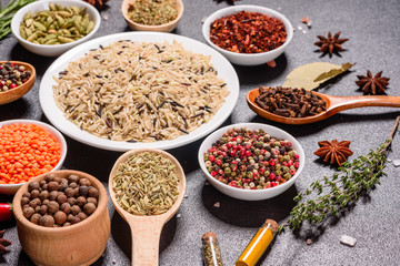 A set of spices and herbs. Indian cuisine. Pepper, salt, paprika, basil and other on a dark background