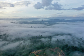 Aerial view misty and foggy morning at the Imbak Village in Tongod, Sabah, Malaysia, Borneo. Certain part with rainforest jungle and palm oil plantation.