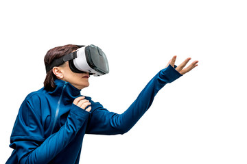 woman in 360 view virtual reality headset playing the game isolated on white background. 3D device gadget for watching movies for travel and entertainment in 3d space.. Cardboard VR AR glasses