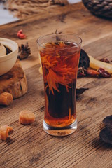 Luo han guo, red dates, black tea, In a clear glass.In ancient China, it had the function of kee