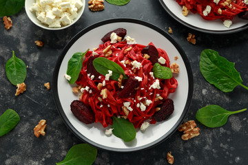 Roast Beetroot Pasta with spinach, walnuts and feta cheese. healthy food