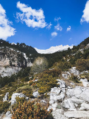 natural beautiful mountains view, hiking in mountains, clouds and forest