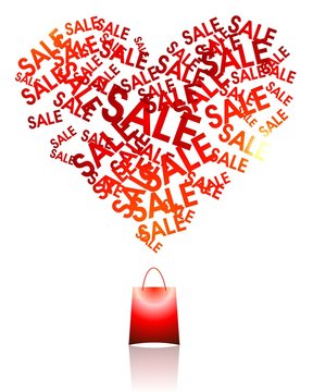 Love shopping creative illustration. Heart words "sale" above red bag abstract pattern. Package on white background isolated. 