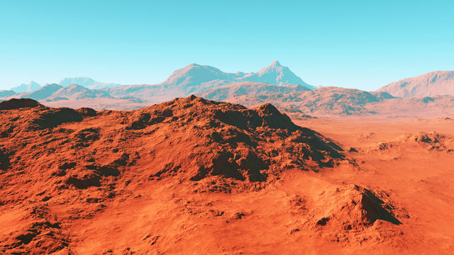 Mars landscape, 3d render of imaginary mars planet terrain, science fiction illustration. © Cobalt