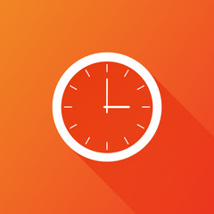 Clock icon, flat design. Vector illustration with long shadow on orange background