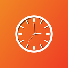 Clock icon, flat design. Vector illustration with shadow on orange background