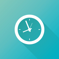 clock icon with long shadow, on blue background. Vector Illustration. Alarm clock in flat design