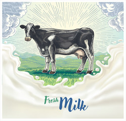 Cow, drawing in a graphic style, against the background of the morning rural landscape with hills, with design elements for milk label.