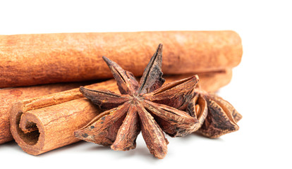 Star anise and cinnamon stick spice isolated on white background