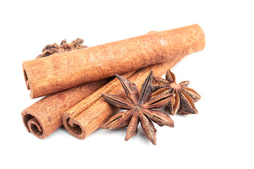 Star anise and cinnamon stick spice isolated on white background